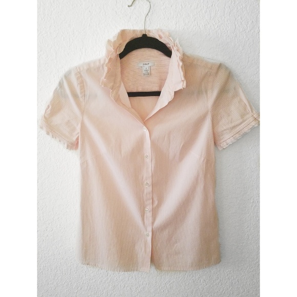 J. Crew Tops - J. Crew Ruffle Trim Button Down- pink pinstripe